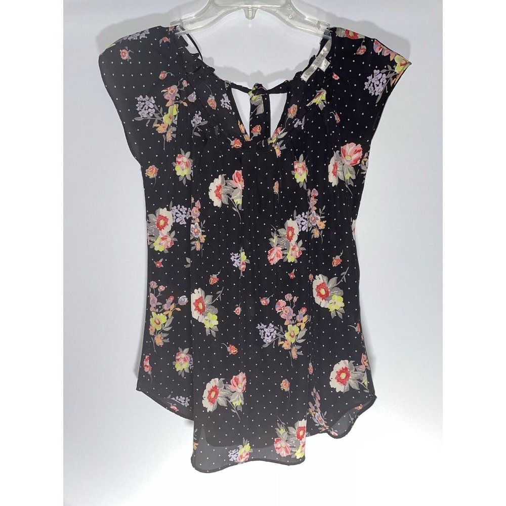 Lauren Conrad Women's Black Sheer Blouse Size S Floral Pleated and Polka Dots.